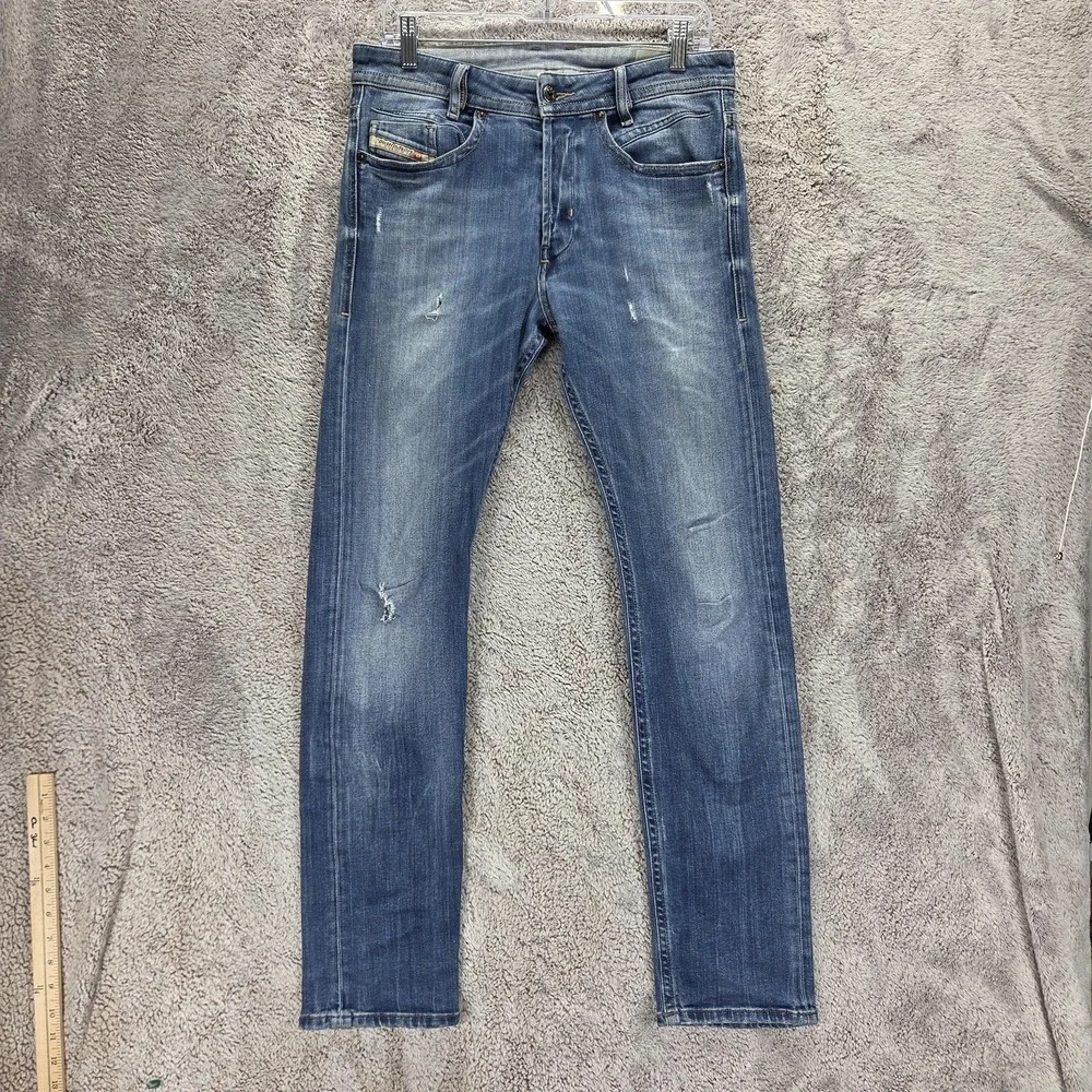 Diesel Jeans Mens 30x32 Blue Akee Regular Slim Tapered Button Fly Stretch 084GG